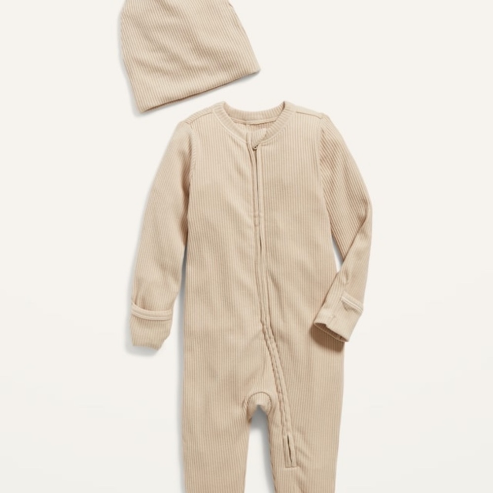 old navy ribbed footed onesie matching beanie A Stone’s Throw